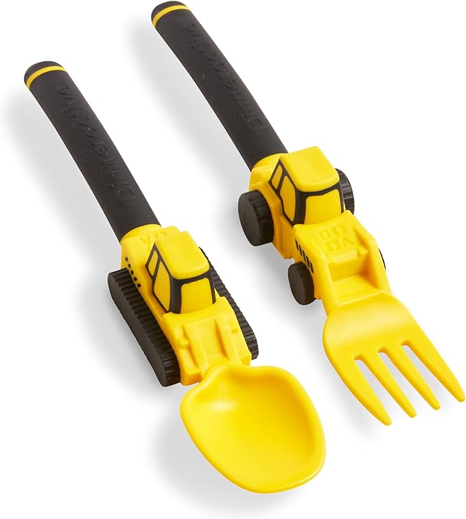 Dinneractive Utensil Set for Kids ??Construction Themed Toddler Forks and Spoons, Toddler Utensils ??2-Piece Set ??Yellow Construction Utensils For Toddlers - Loader & Tractor Toddler Spoons and Forks