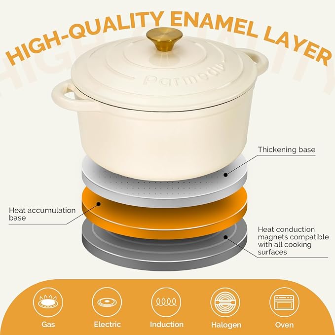 Parmedu Enameled Cast Iron Dutch Oven-5.5 Quart Pot with Lid, Dual Handle,Heavy Duty Cookware for Braising, Stews, Roasting, Bread Baking,Cream white