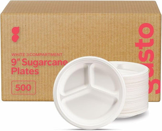 GUSTO [Case of 500 100% Compostable 3 Compartment - 9 Inch Paper White Heavy-Duty Divided Disposable Biodegradable Plates (Formerly Comfy Package)