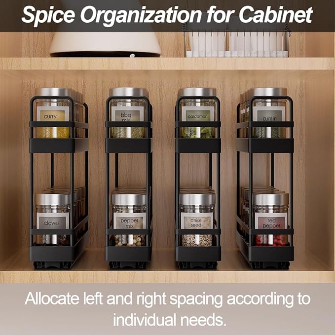 Finnhomy Pull Out Spice Racks for Inside Cabinets, Whole Metal Manufacturing, Vertical Spice Rack Pull Out, Spice Organizer, 2.16" W 횞 10.39" D 횞 9.76" H, 2 Drawers & 2 Tiers, 2 Pack, Black