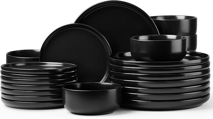 Herogo 24 Pieces Stoneware Dinnerware Set Service for 8, Dinner Plates and Bowls Sets, Double Reactive Glaze Dishes Set for Kitchen, Scratch Resistant, Microwave & Dishwasher Safe, Matte Black