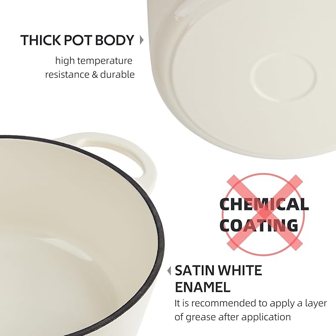 6 Quart Dutch Oven Enameled Cast Iron with Lid - Big Dual Handles - Oven Safe up to 500째F - Classic Round Pot for Versatile Cooking (Cream, 6 QT)
