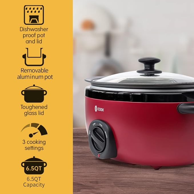 ICOOK USC-65-OP001RD 6.5 Quart Slow Cooker,Aluminium Sear/Saut챕 Stew Pot Stovetop safe,Dishwasher Safe,Glass Lid,Adjustable Temp,Food Warmer(Red)