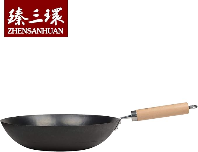 ?삡툒??ZhenSanHuan HandHammered Iron Wok Flat Bottom Induction Suitable (32CM Wood Handle)