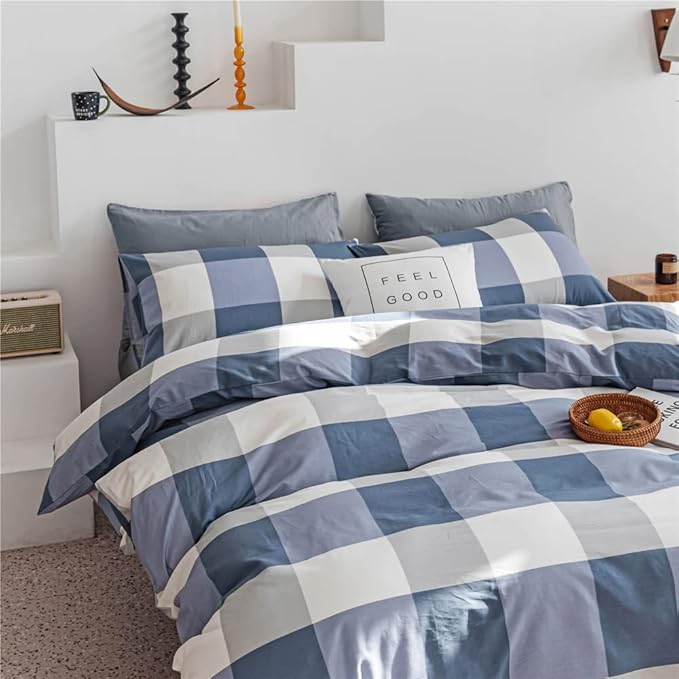 Plaid Comforter Set Full Modern Style Checkered Pattern Comforter for Men Boys Blue White Grey Geometric Comforter with 2 Pillowcases Soft Fluffy 3 Pieces Lightweight Bedding Set Full Comforter Set