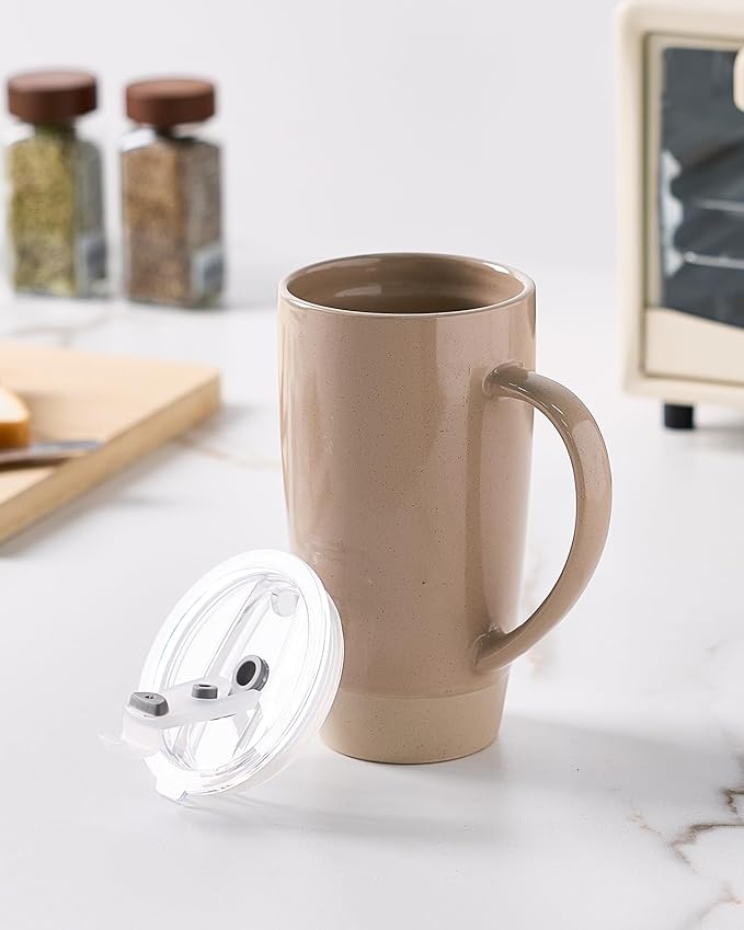 famiware Milkyway Coffee Mugs, 20oz Large Coffee Mug, Ceramic Mug Set of 2 with Lid, Cup Set with Handle for Latte, Tea, Cocoa, Milk, Home & Office, Cinnamon Brown