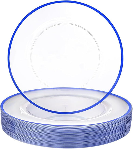 WDF 12 Inch Disposable Charger Plates - 25Pack Plastic Clear and Blue Charge Plates Perfect for Dinner/Wedding/Party/Elegant Tabletop Decor