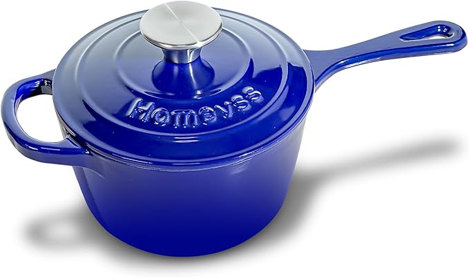 1.75QT Enameled Cast Iron Sauce Pan, Enameled Saucepan with Lid, Small Dutch Oven Cooking Kitchen Pot, Nonstick & Heavy Duty for Cooking Pasta Sauce, Gravy, Puddings, Marinate, Boiling - Blue
