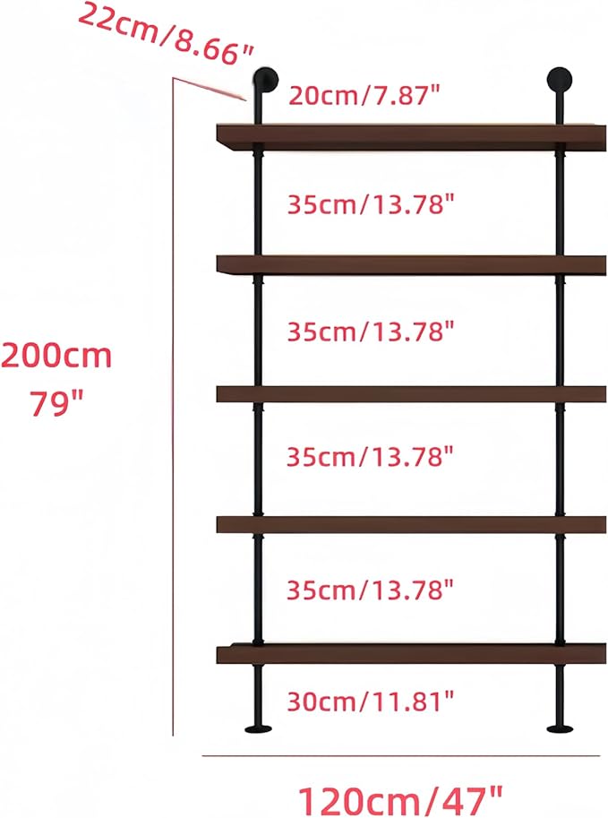 47 Inch Industrial Wall Mounted Wine Rack, 5-Tier Rustic Metal Floating Shelves, Large Capacity Wall Bar Shelves for Liquor Bottles for Home Bar & Dining Room, Walnut(Without Lights)