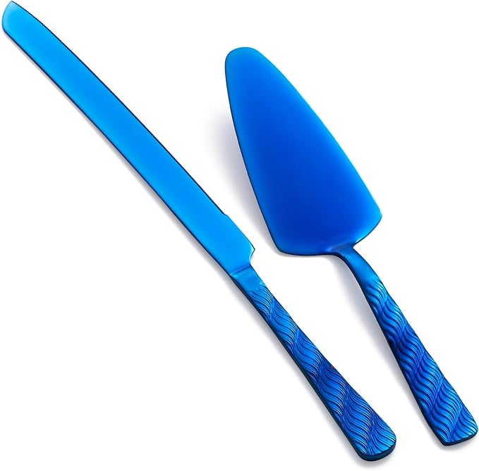 Blue Wedding Cake Knife and Server Set, Stainless Steel Cake Cutting Set, Cake Cutter and Pie Server for Wedding, Birthday, Party