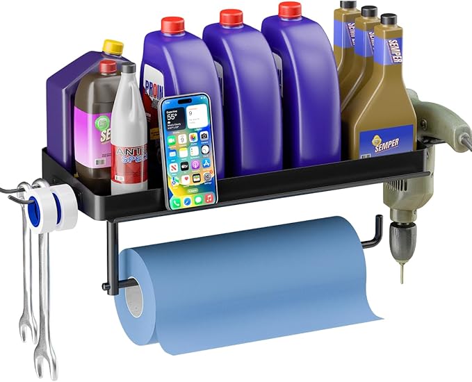 Garage Shop Paper Towel Holder Wall Mount, Garage Organization Paper Towel Phone Holder with Shelf and 2 Hooks, Heavy Duty Steel, One Hand Tear for Kitchen Garage and Utility Room RV Car