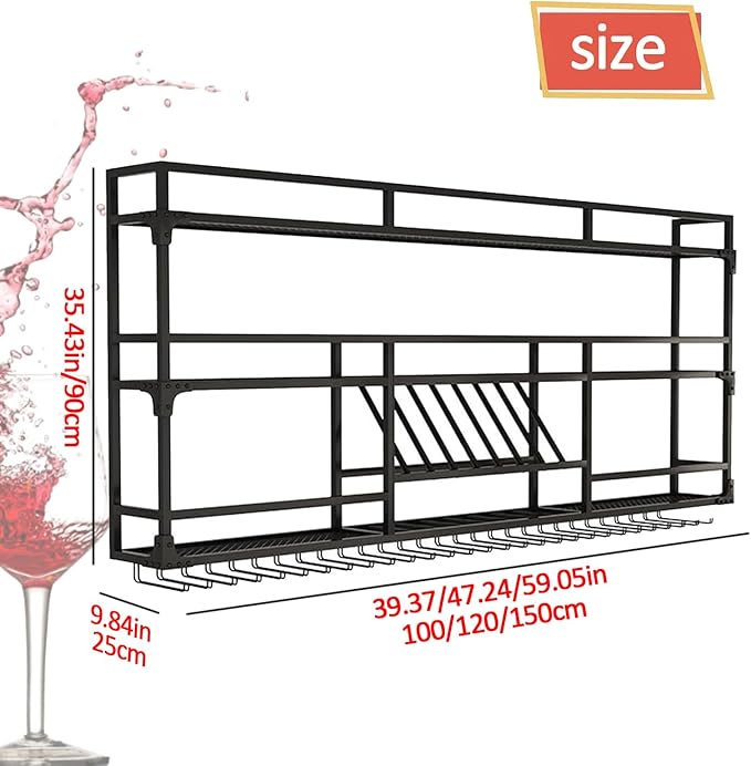 Wall Mounted Wine Rack, Floating Industrial Liquor Glass Holder 3 Tiers, Large Metal Wine Bottle Display Rack Hanging Shelf, for Home Bar Dining Room Decorative (Black-B, 47.24x35.43x9.84in)