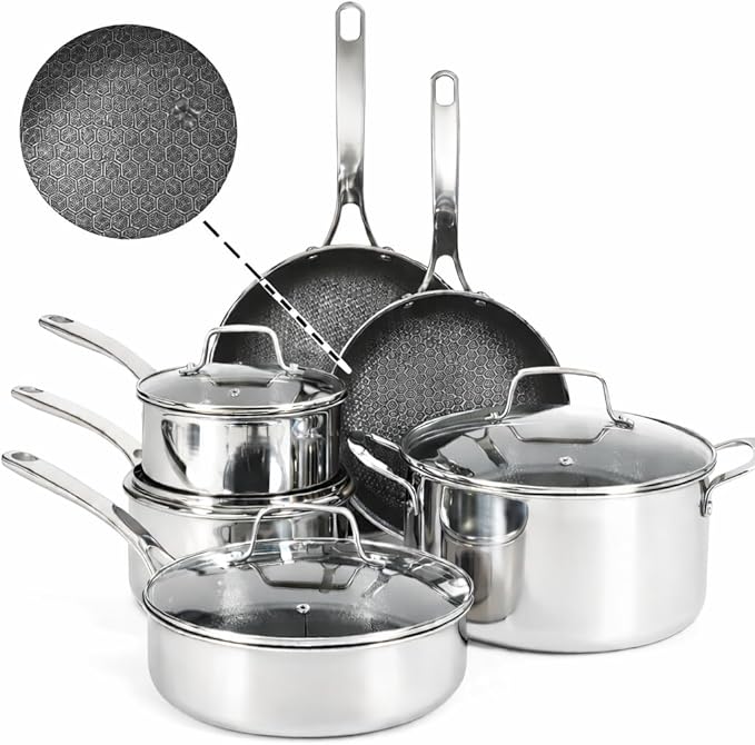 Martha Stewart Badgley Hybrid Nonstick 10 Piece TriPly Stainless Steel Pots and Pans Non-Toxic Kitchen Cookware Set - Laser Etched Perfect Sear Nonstick W/Stay Cool Handle Dishwasher & Induction Safe