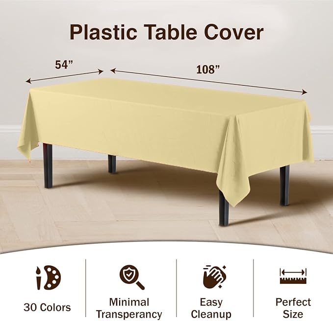Party Solids Pack Of 6 Premium Plastic Tablecloth 54 Inch x 108 Inch Rectangle Plastic Table Cover - Light Yellow