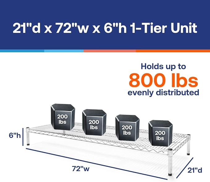 Shelving Inc. 21" d x 72" w x 6" h Chrome Wire Sheving with 1 Tier Shelf, Weight Capacity 800lbs Per Shelf