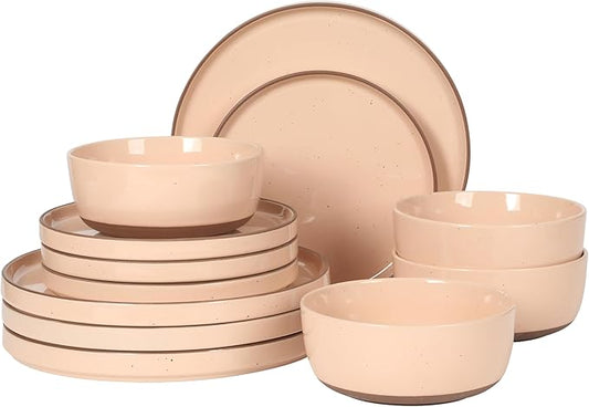 Gibson Elite Northrock Stoneware Dinnerware Set, 12-Piece Service for 4 Plates and Bowls Set ??Pink Dishes with Hand-Painted Terracotta Base