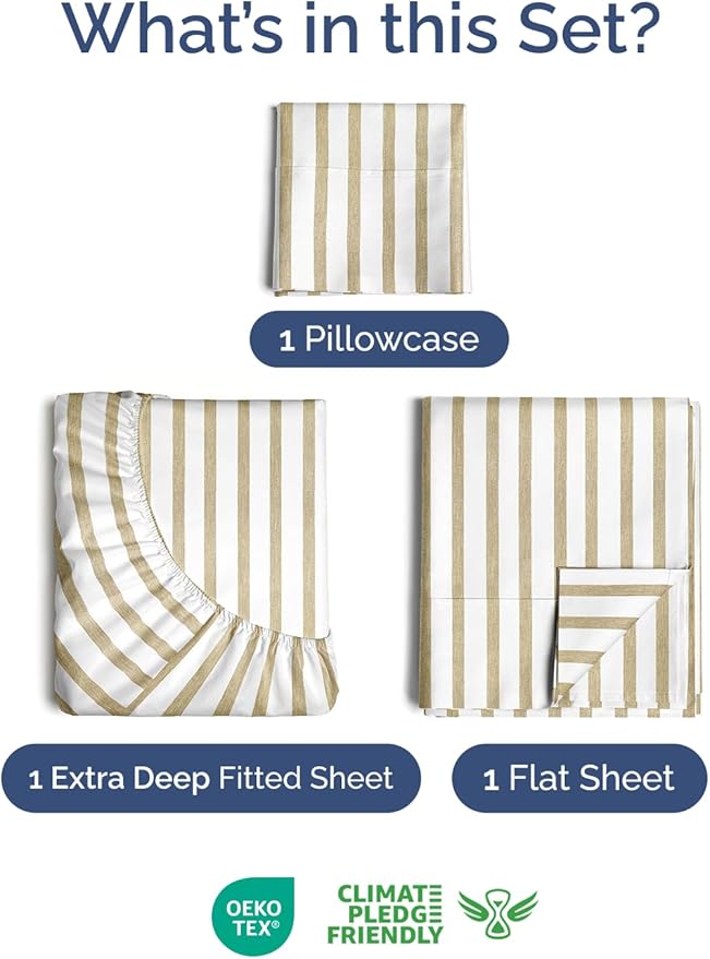 Extra Deep Pocket Twin Sheets - 3 Piece Breathable & Cooling Bed Sheets - Hotel Luxury Bed Sheet Set - Soft, Wrinkle Free & Comfy - Easily Fits Extra Deep Mattresses - Deep Pocket Beige Striped Sheets