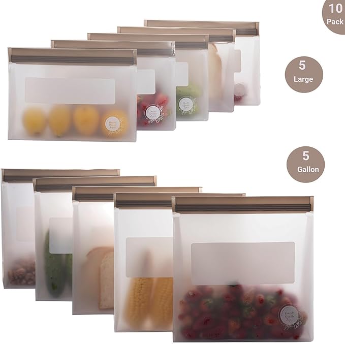 Reusable Food Storage Bags ??10-Pack Stand-Up, BPA-Free, Freezer, Dishwasher Safe & Eco-Friendly ??5 Gl, 5 L Bags ??Airtight Leakproof Ziplock Bags for Kitchen Storage (Grey)