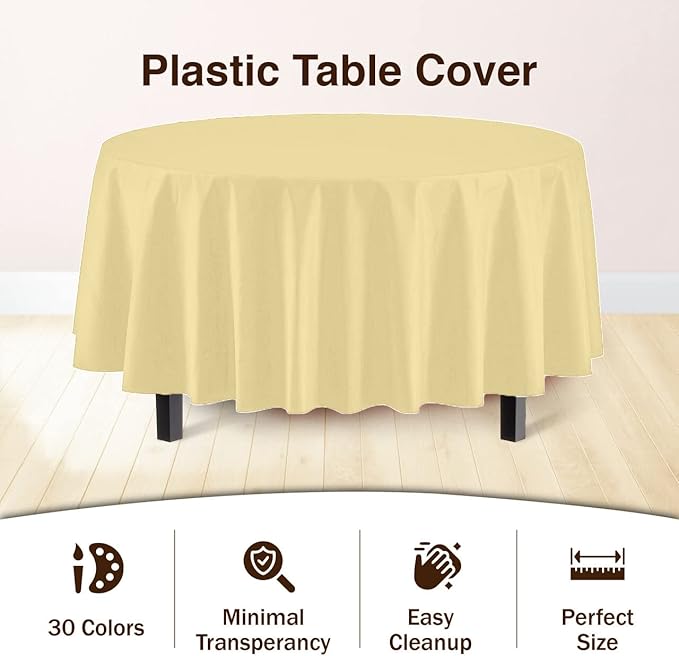 Party Solids Pack Of 6 Premium Plastic Tablecloth 84 Inch Round Plastic Table Cover - Light Yellow