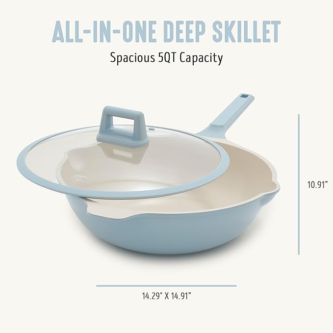 GreenLife Nonstick 12??(5QT) All in One Deep Skillet Wok with Lid, PFAS-Free Non-Toxic Ceramic Multi-Purpose Pan, Induction, All Stovetop, Egg, Stir Fry, Saute, Stay Cool Handle, Blue Haze