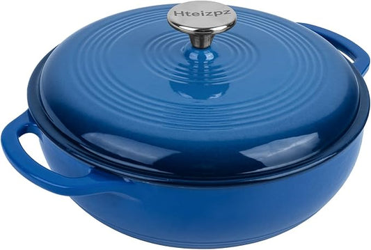 Enameled Cast Iron Dutch Oven Pot with Lid, 3 Quart Shallow Dutch Oven, Oven Safe up to 500째 F, Suitable for Bread Baking, Braising, Roasting, Stews, Blue