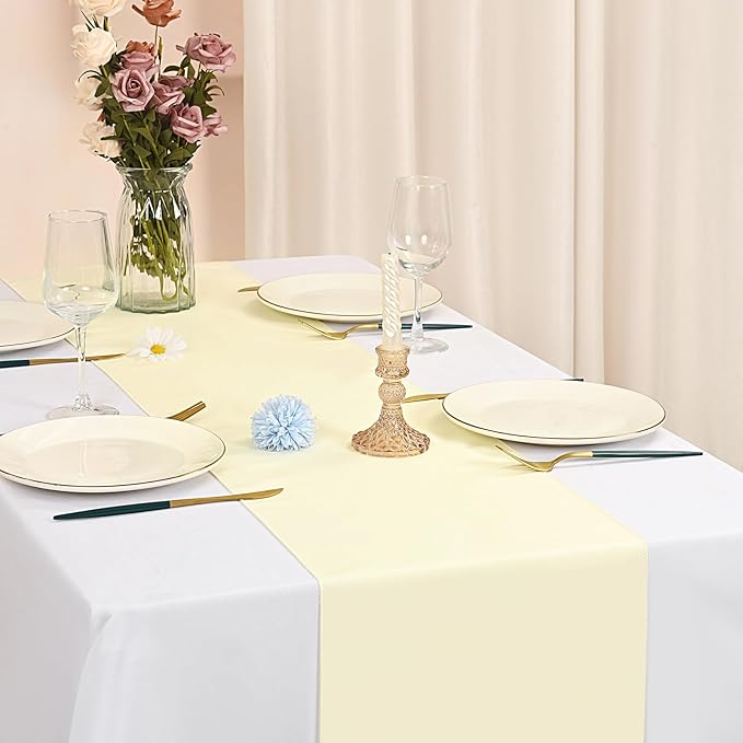 12 Pack Beige Table Runner 12 x 108 Inch Long Rustic Farmhouse Wedding Table Runner,Washable and Reusable 9 FT Polyester Table Runners for Wedding Birthday Party Banquet Table Decorations