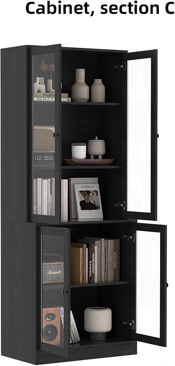 TUSY 71'' H Kitchen Hutch Storage Cabinet, 5-Tier Pantry Cabinet, Buffet Hutch with Drawers, China Cabinet with Glass Doors, Storage Cabinets for Dining Room, Kitchen, Living Room (Black)