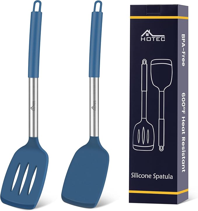 HOTEC Silicone Spatula Set of 2 Heat-Resistant 600째F & BPA-Free Kitchen SaptulaTurner with Stainless Steel Handles, Slotted & Solid Spatulas for Nonstick Cookware, 13.7 Inch, Classic Blue