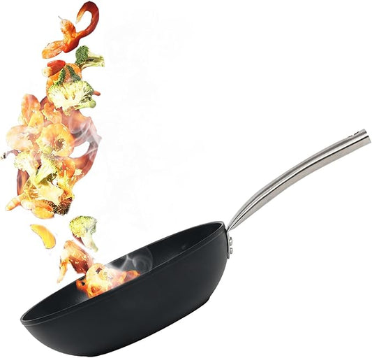 JAKE & JULIA 11" Non Stick Carbon Steel Wok Pan, with Stainless Steel Handle, Kitchen