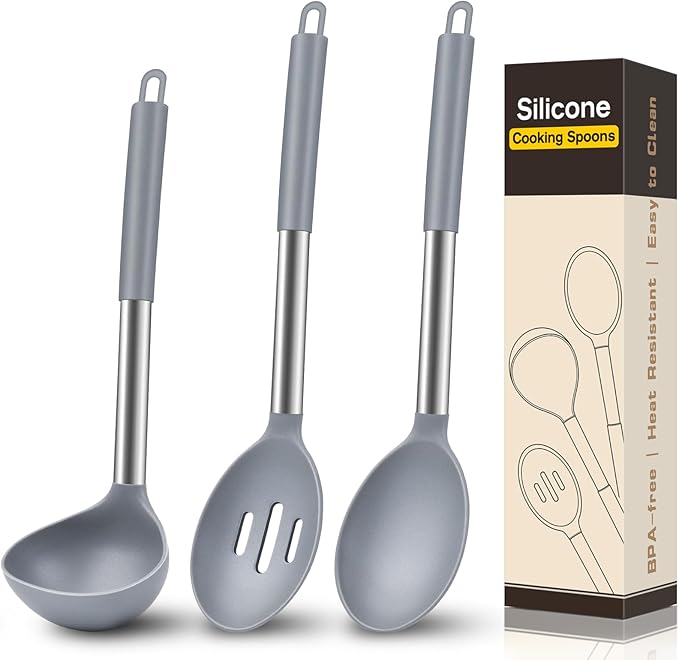 3Pcs Silicone Cooking Spoon Set, Kitchen Utensils Include Solid & Slotted Spoon, Soup Ladle, Food-Grade Heat Resistant 446째F, Non-Scratch Spoons for Serving, Stirring, Draining, Dishwasher Safe, Gray