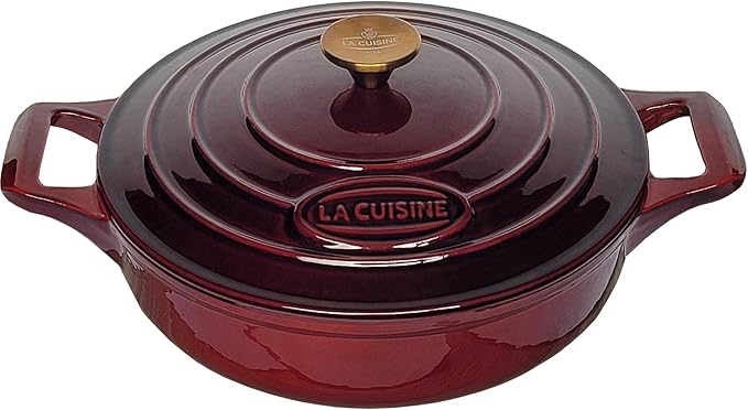 La Cuisine Cast Iron Braiser Shallow Dutch Oven Braising Saute Pan 3.75 QT 11" Dia. Internal Matte Black Enamel Coating, Oven Safe up to 500째 F Cranberry