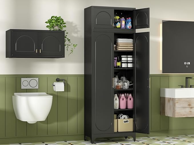 Kitchen Pantry Cabinet, 90" Tall Metal Pantry Cabinet, Food Cupboards with Doors and Shelves, Freestanding Storage Cabinets for Dining, Living Room, Black,16"D x 32"W x 90"H, Assembly Required