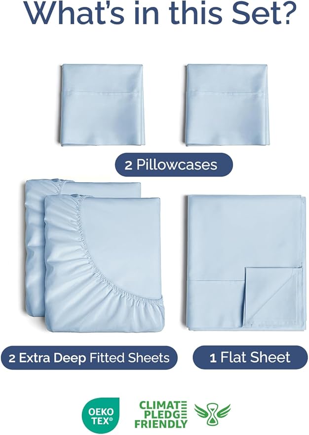 Extra Deep Pocket Split King Sheets - 5 Piece Breathable & Cooling Bed Sheets - Hotel Luxury Sheet Set - Soft, Wrinkle Free & Comfy - Easily Fits Extra Deep Mattresses - Deep Pocket Sky Blue Sheets