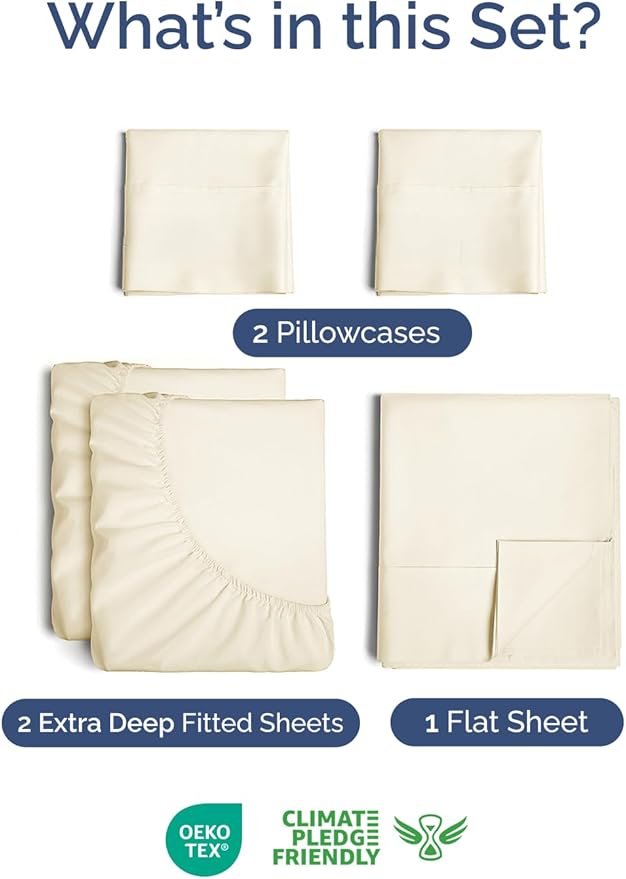 Extra Deep Pocket Split King Sheets - 5 Piece Breathable & Cooling Bed Sheets - Hotel Luxury Bed Sheet Set - Soft, Wrinkle Free & Comfy - Easily Fits Extra Deep Mattresses - Off White Sheets Set