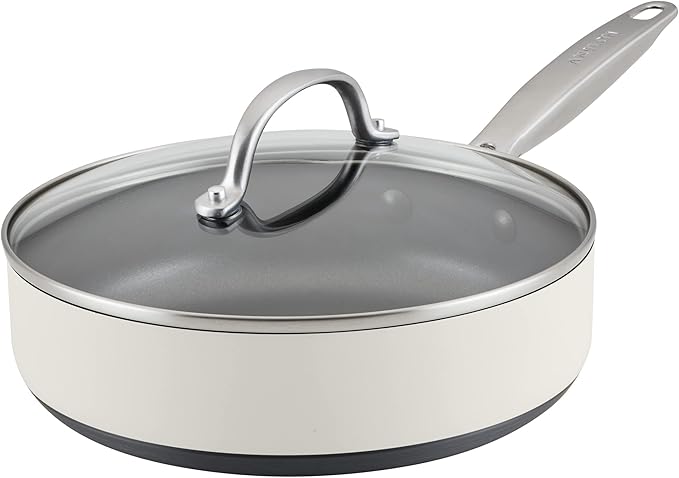 Anolon Achieve Hard Anodized Nonstick Saut챕 Pan with Lid, 3 Quart - Cream