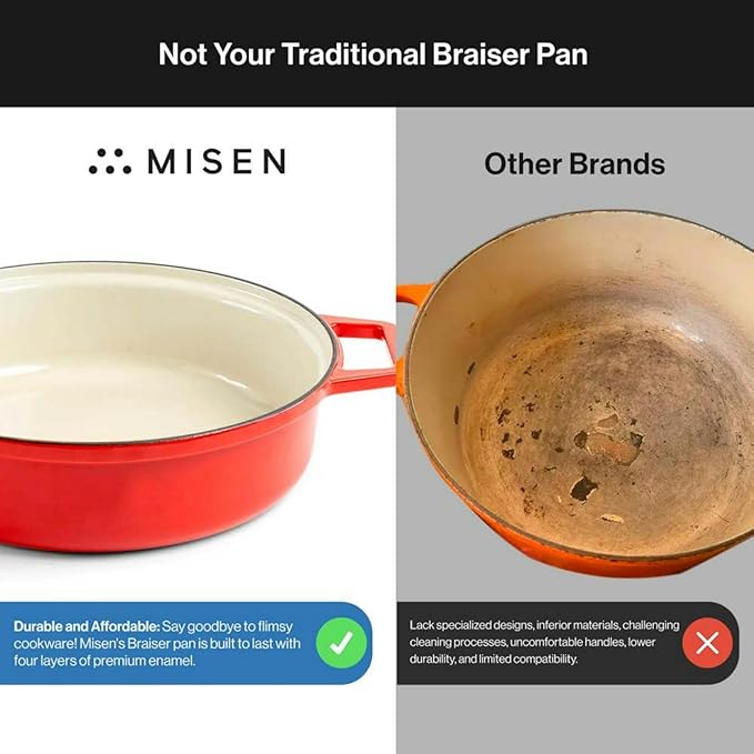 Misen 5.5 QT Braiser ??Enameled Cast Iron Pan for Searing, Braising & Slow Cooking ??No-Chip Enamel Coating ??Extra-Wide Handles ??Superior Heat Retention & Even Cooking - Red