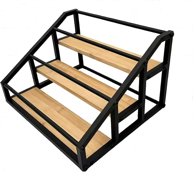 AT-VALY 3-Tier Liquor Bottle Display Shelf, Iron&Bamboo Countertop Wine Rack, Liquor Cabinet for Home Decor, Mini Bar (Black)