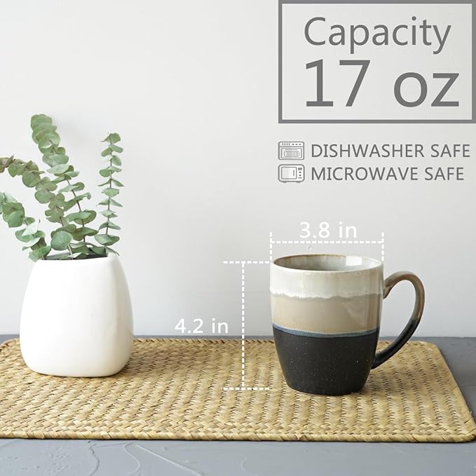 Bosmarlin Ceramic Coffee Mug Set of 4, 17 Oz, Coffee Cups with Big Handle, Microwave Safe, Unique Reactive Glaze