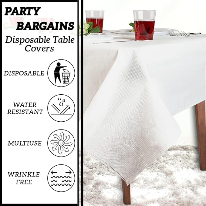 PARTY BARGAINS Disposable Table Covers, 54 x 108 Inch, White, 3-Ply Paper & Plastic Spill-Resistant Party Tablecloths, 1 Pack