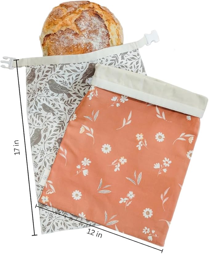 Reusable Beeswax Bread Bag 2 Pack ??2x17 Bread Bag for Homemade Sourdough, Beeswax Coated Organic Cotton Storage Bag for Loaf Baguette, Freezer Safe, Eco-Friendly Wrap Birds