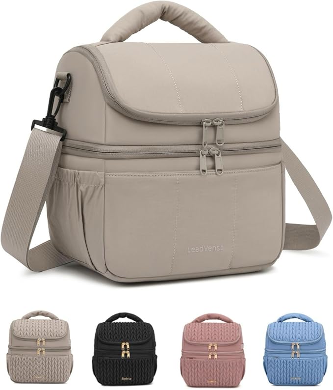 Leadvenst Lunch Bag Women Men, Double Deck Insulated Lunch Box, Large Capacity 12L with Detachable Divider for Tall Item, Leakproof, Durable & Reusable Cooler Bag For Work Picnic Travel, Quilted Khaki