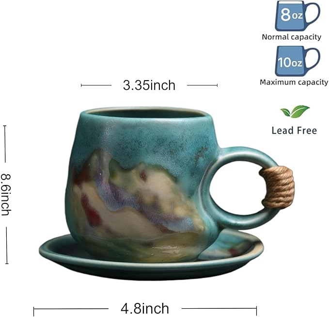 Small 8oz Unique Vintage Retro Japanese Handmade Ceramic Cappuccino Barista Cup with Saucer ??Artisanal Stoneware Coffee Mug, Lead-Free Latte Art Mug,Teal Green tea cup, Handcrafted Pottery tea mug