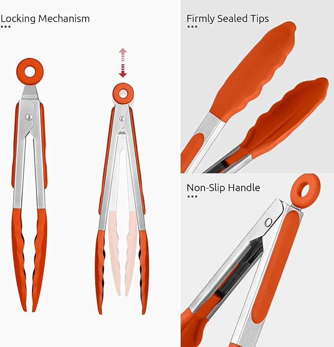 600쨘F Heat Resistant Kitchen Tong: U-Taste 7 inch Silicone Cooking Tong with Firm Sealed Non Stick Rubber Tips & Silicon Coated 18/8 Stainless Steel Handle & Smooth Locking for Serving Salad (Orange)