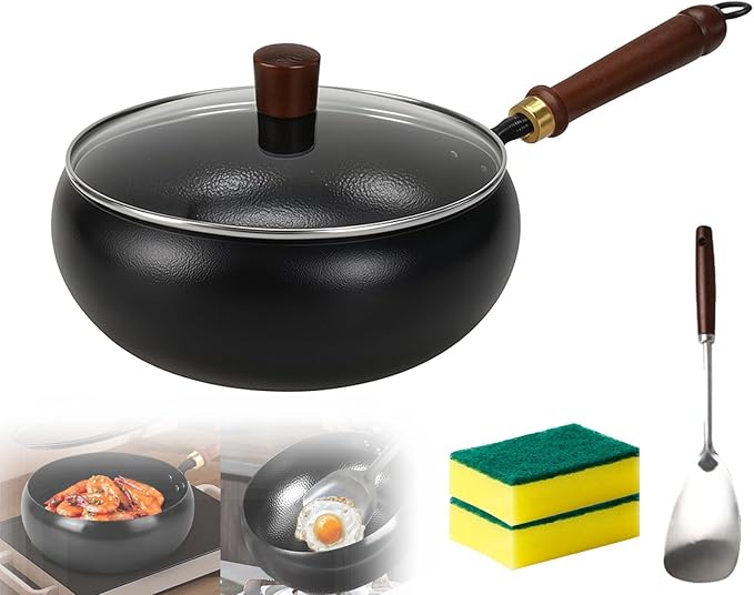 Usceshonn Iron Pot, Handmade Uncoated Thick Iron Wok with Wooden Lid, Japanese Hammered Large Belly Cooking Pan, Non-Stick Deep Stir Fry Pan for Gas & Open Flame (Glass lid, 11in)