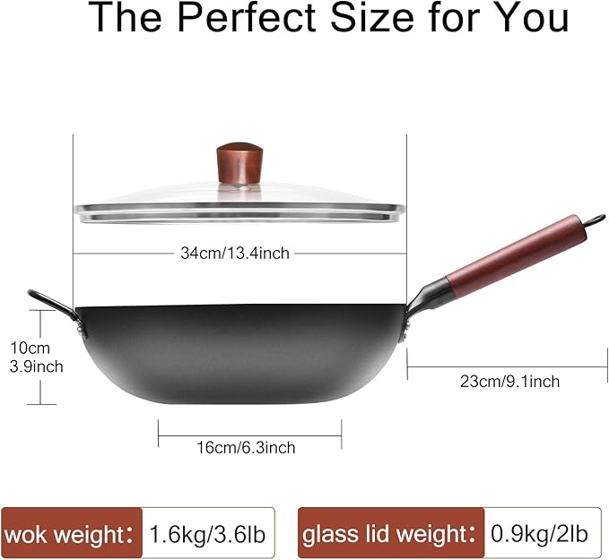 Wrought Iron Flat Bottom Wok with Glass Lid ??Detachable Wooden Handle, Non-Coated Naturally Nonstick Frying Pan for Gas, Electric & Induction Stoves (Black Wok with Helper Handle, 13.4 inch)