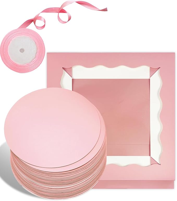 qiqee Pink 10x10x8 Cake Box, 18 Sets Cake Box with Window 竊?18 Sets 10" Cake Round Boards, 10inch Cake Containers, 10 Meters Pink Silk Ribbon Includes