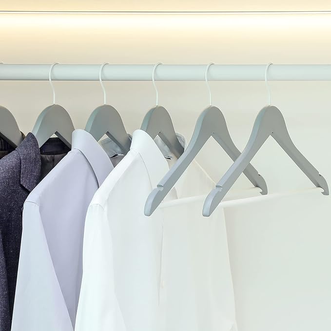 TOPIA HANGER Premium Wooden Hangers with Non-slip Pant Bar, 360째Swivel Hook and Shoulder Notches, 16 Pack Solid Wood Clothes Hangers for Suit, Coat, Jacket, Camisole(Grey/White)-CT35GW6