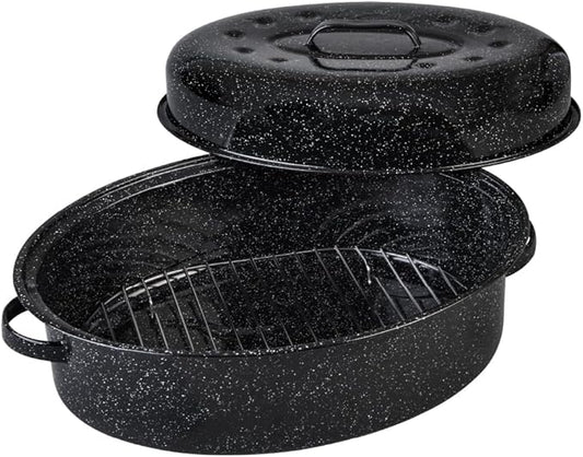 Granite Ware 19 inch oval roaster with Lid, Oval Rack included (Speckled Black) - design to accommodate up to 20 lb poultry/roast. Resists up to 932째F