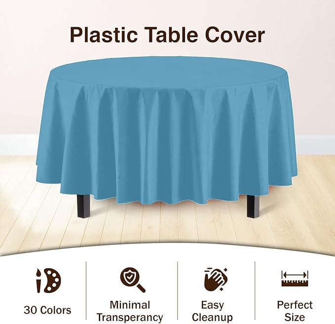 Party Solids 6-Pack Premium Plastic Tablecloth 84in. Round Plastic Table Cover - Sky Blue