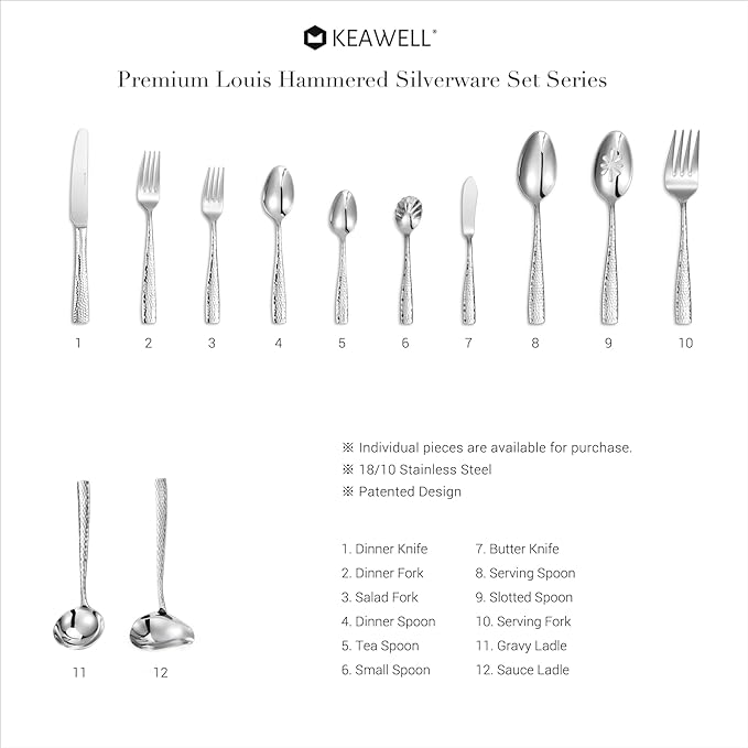 KEAWELL Premium Louis Hammered Serving Utensils, 18/10 Stainless Steel, Squared Edge Design, Mirror Finish, Dishwasher Safe (Serving Spoons, Set of 4)